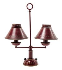 A Red and Gilt-Decorated Tole Two-Light Lamp Height 19 inches.
