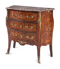 A Louis XV Style Gilt Bronze Mounted Marquetry Marble-Top Commode