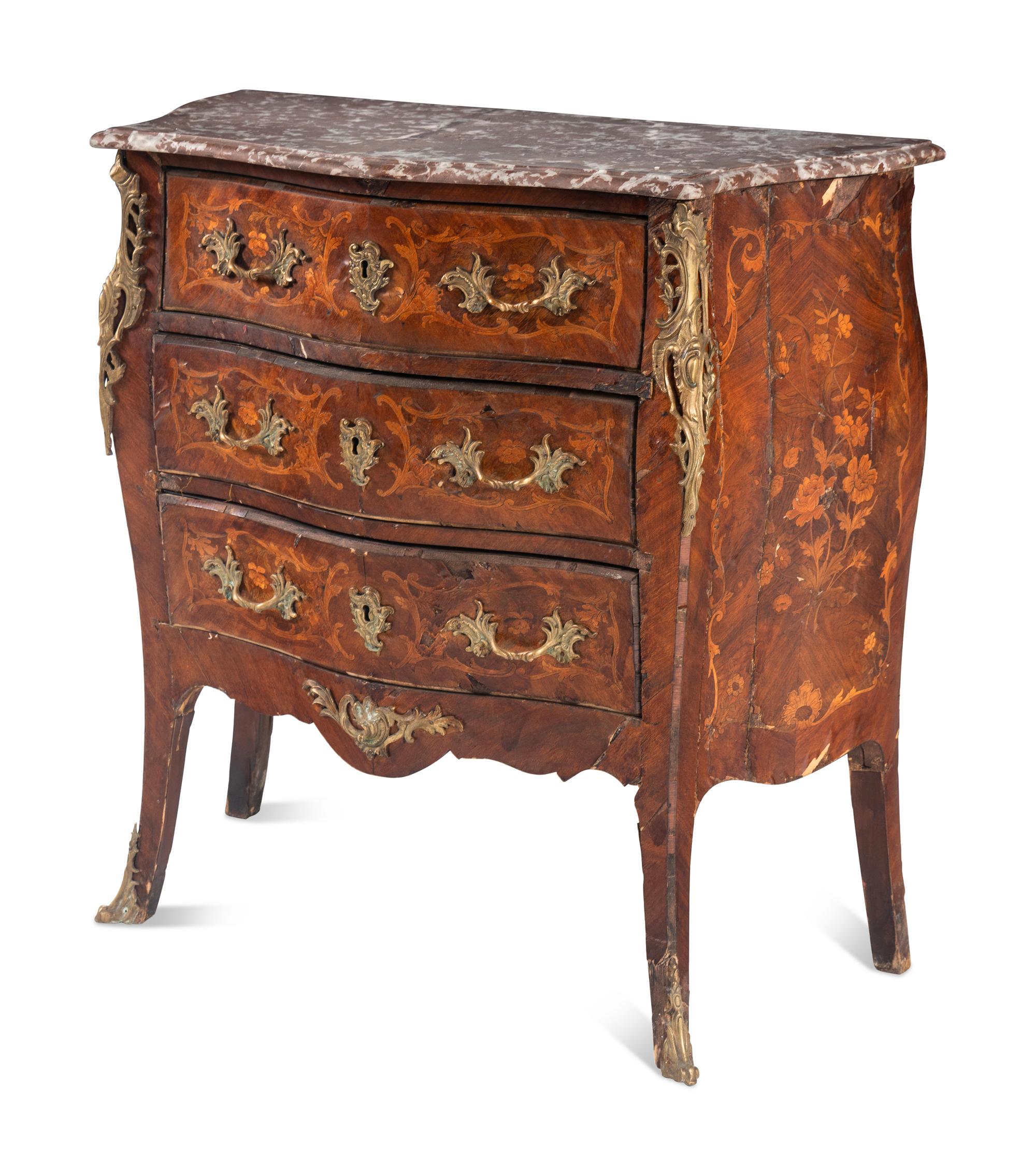 A Louis XV Style Gilt Bronze Mounted Marquetry Marble-Top Commode