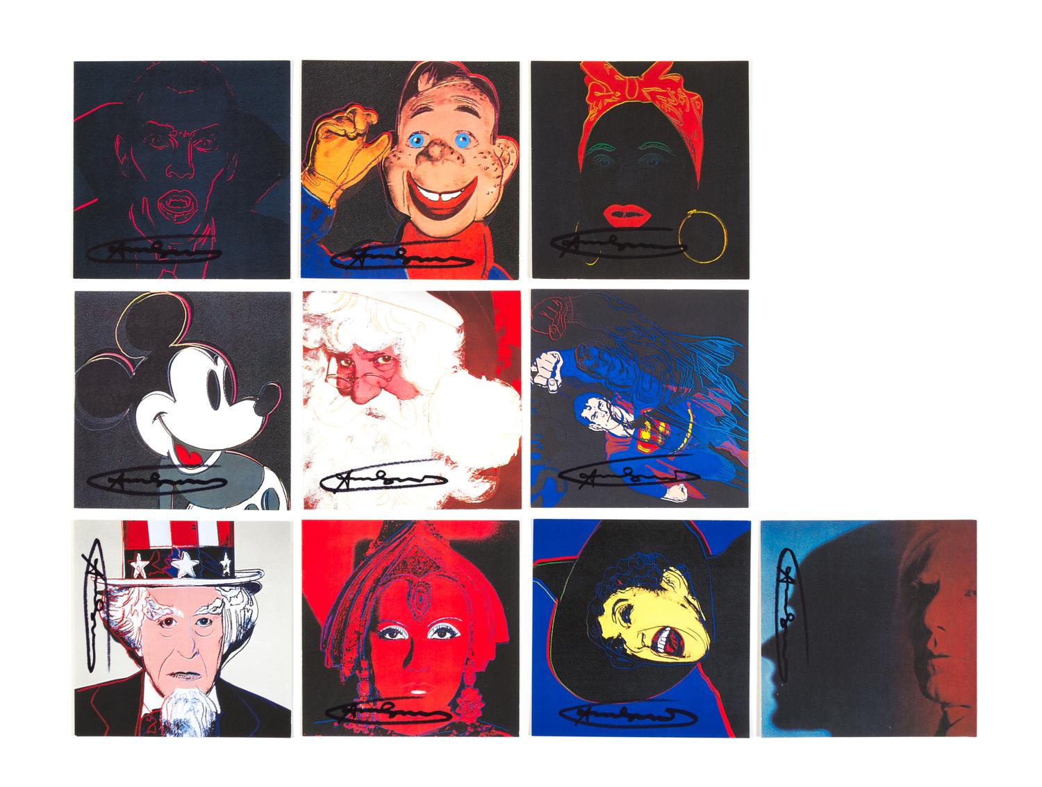 After Andy Warhol, (American, 1928-1987), Myths, 1981 (set of ten announcement cards with cover and contents card)