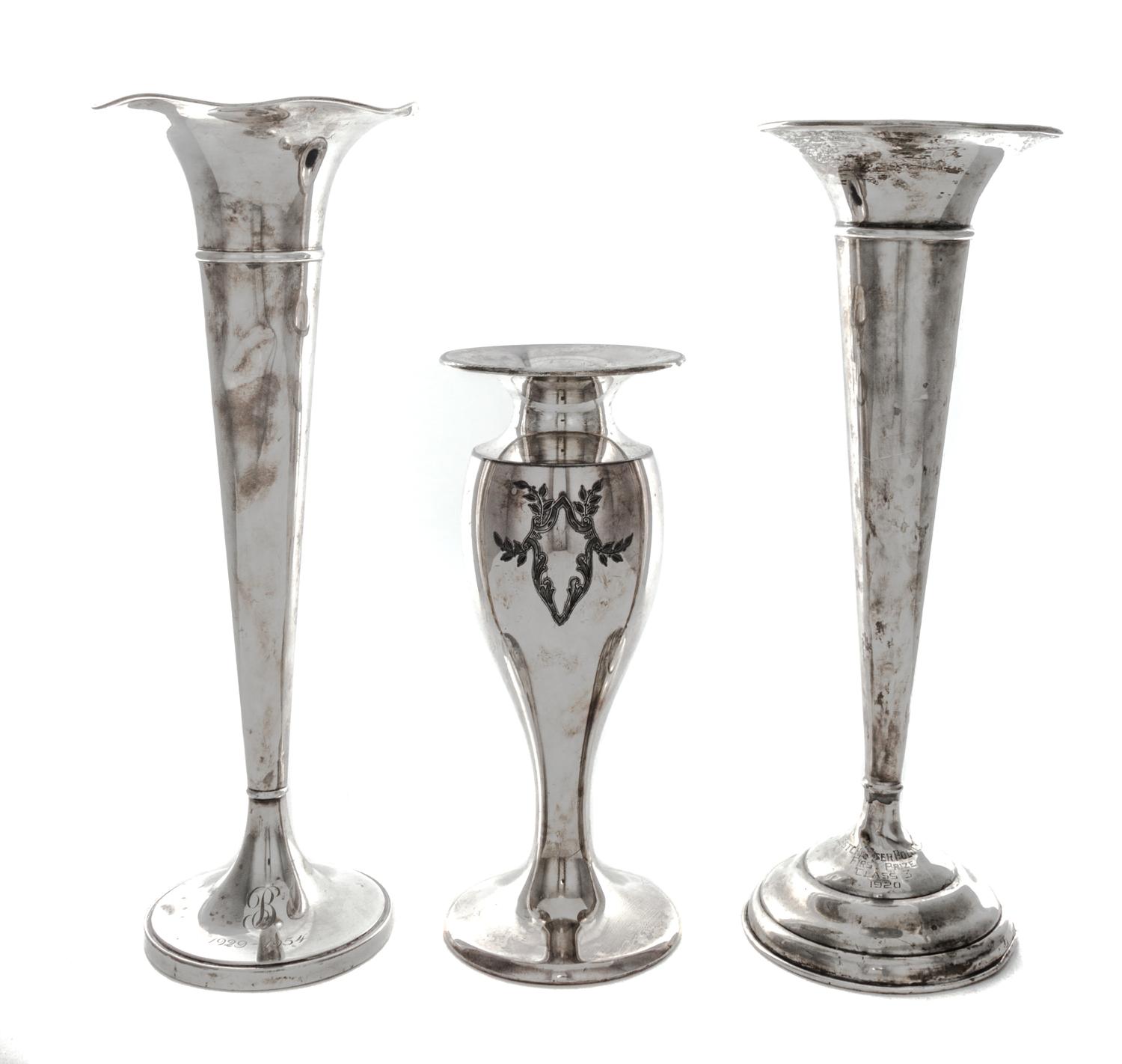 Two American Silver Trumpet Vases, Baldwin & Miller and Woodside Sterling Co., each with ringed decoration, weighted; together with a s