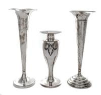 Two American Silver Trumpet Vases, Baldwin & Miller and Woodside Sterling Co., each with ringed decoration, weighted; together with a s