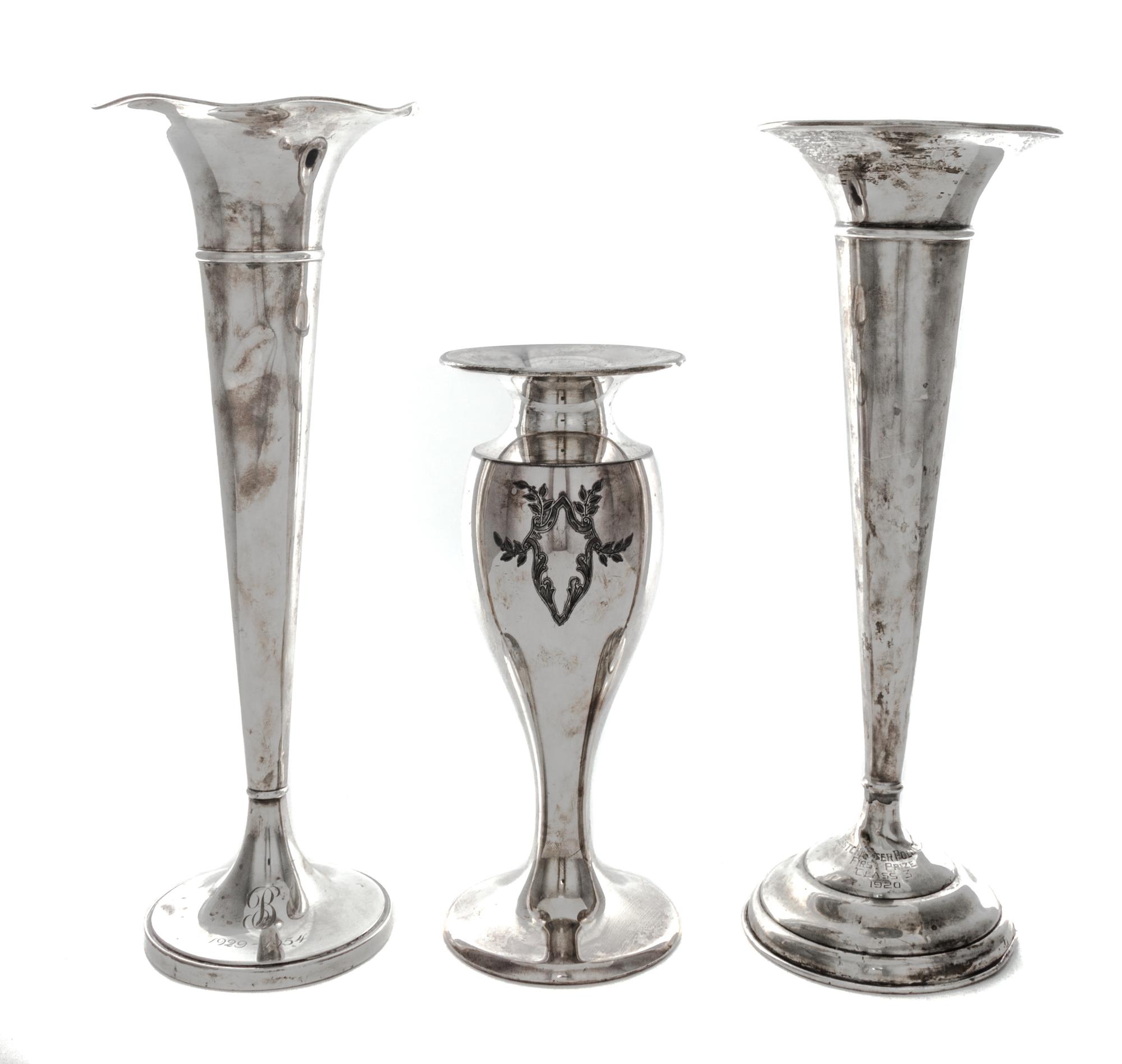 Two American Silver Trumpet Vases, Baldwin & Miller and Woodside Sterling Co., each with ringed decoration, weighted; together with a s