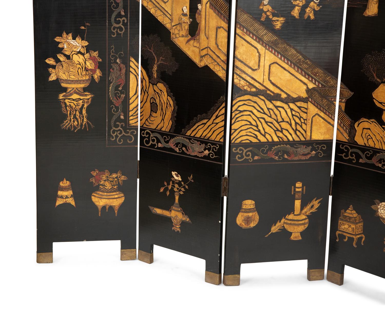 A Chinese Export Black and Gilt Lacquer Screen