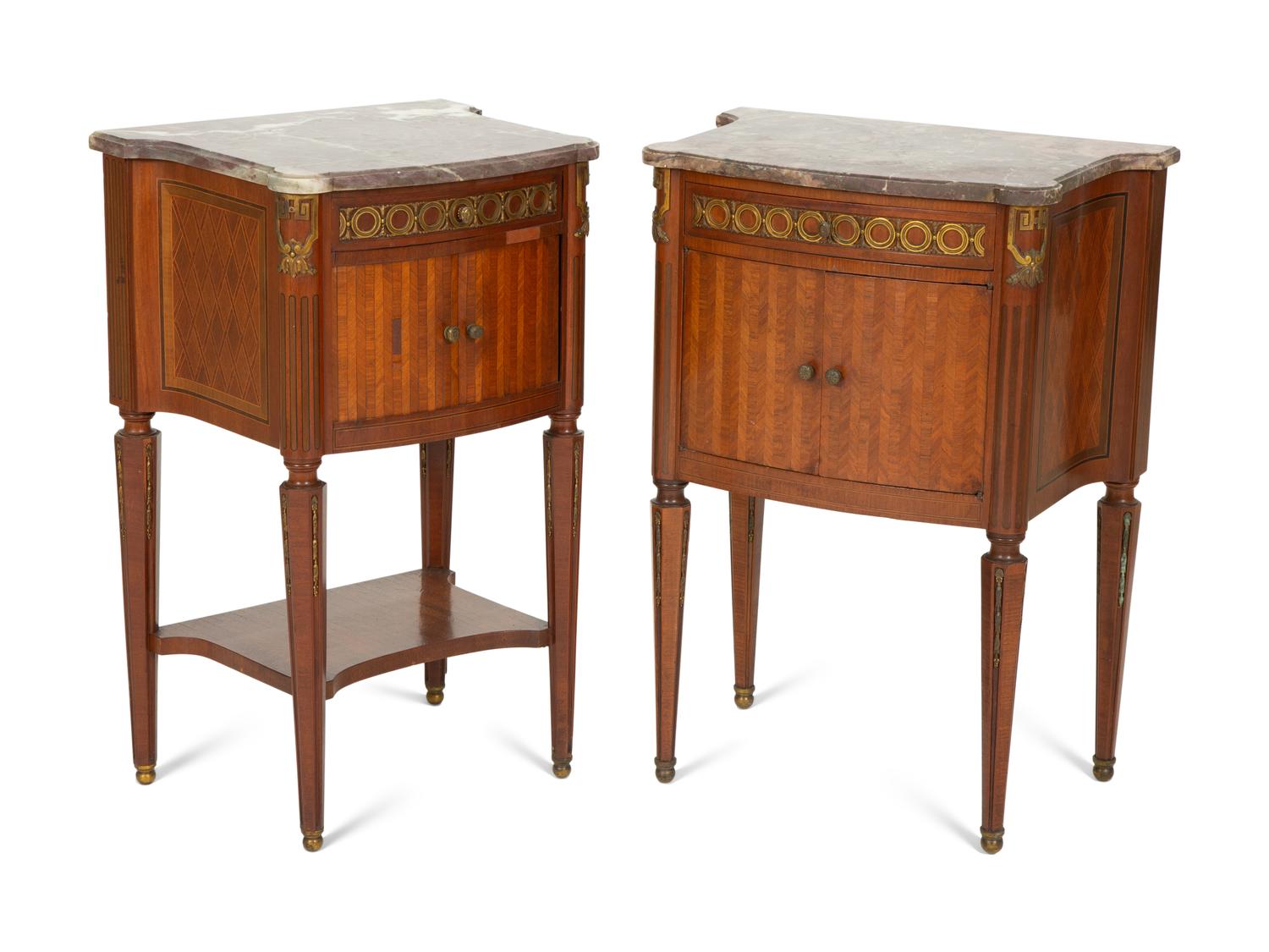 A Pair of Italian Gilt Metal Mounted Fruitwood Commodini with Marble Tops