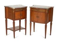 A Pair of Italian Gilt Metal Mounted Fruitwood Commodini with Marble Tops