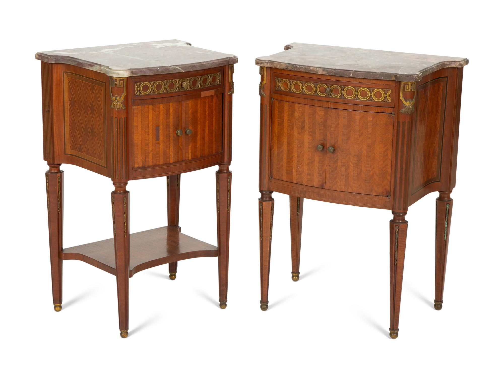 A Pair of Italian Gilt Metal Mounted Fruitwood Commodini with Marble Tops