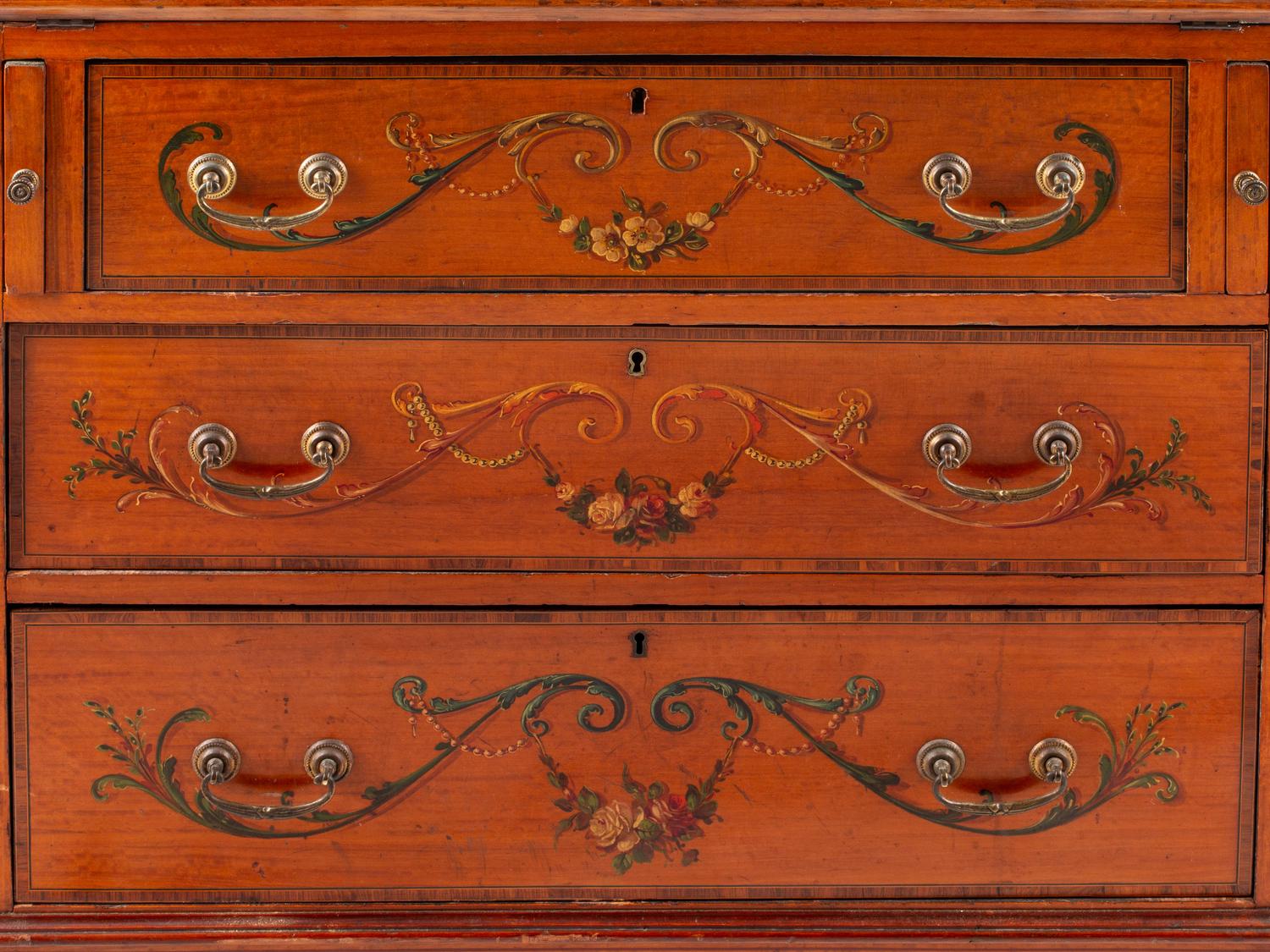 An Edwardian Paint Decorated Satinwood Slant-Front Bureau