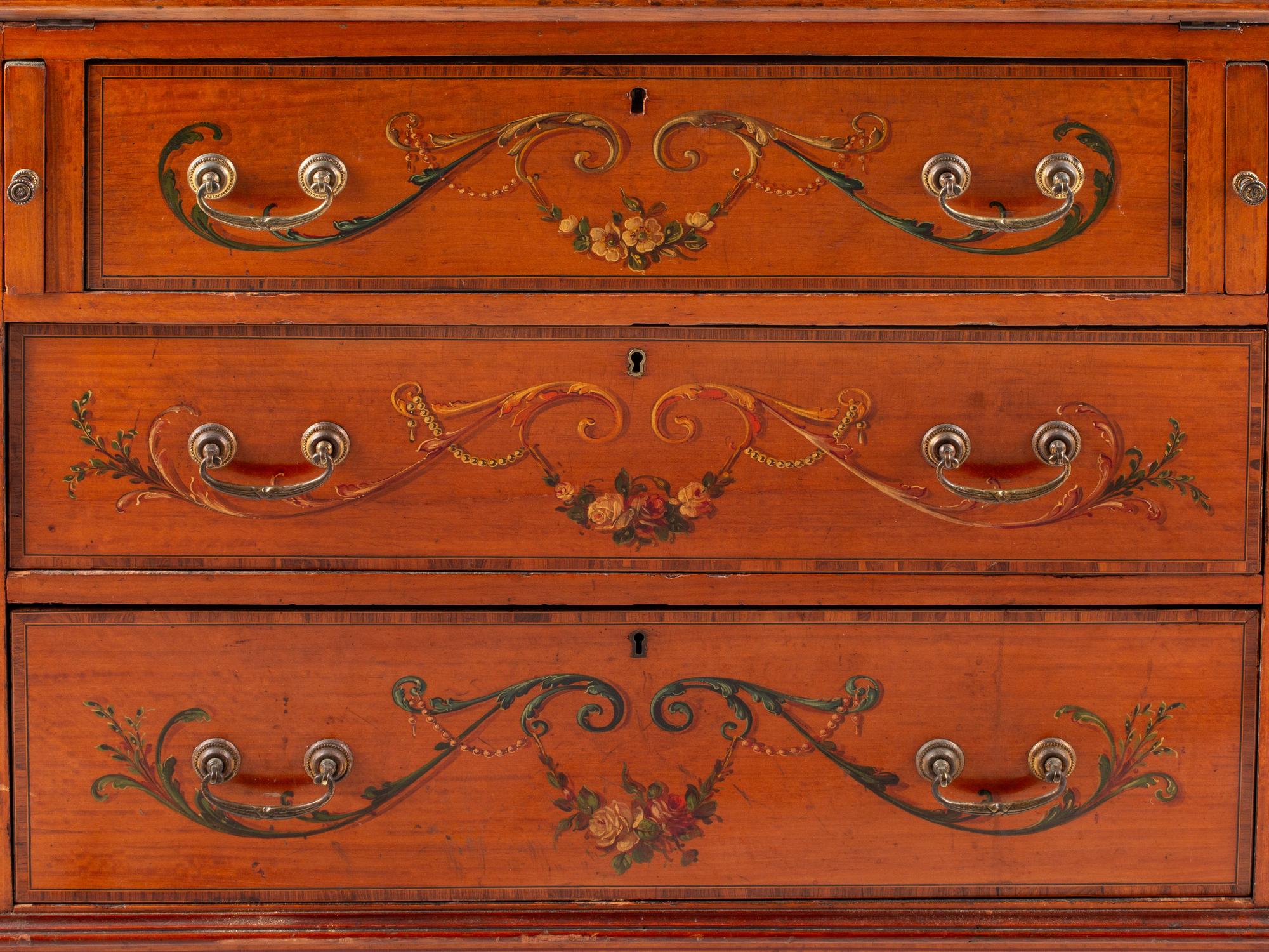 An Edwardian Paint Decorated Satinwood Slant-Front Bureau