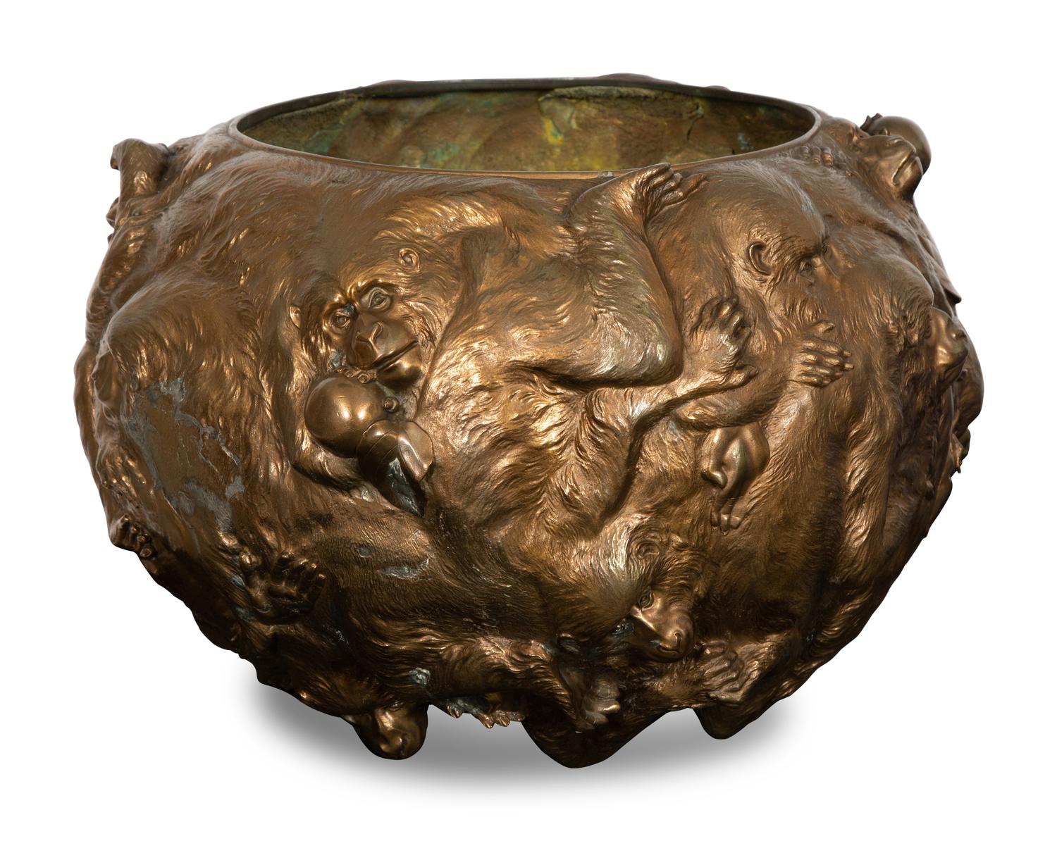 A Japanese Bronze Monkey Motif Jardiniere