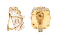 ROCK CRYSTAL QUARTZ, CULTURED PEARL, AND YELLOW GOLD EARRINGS