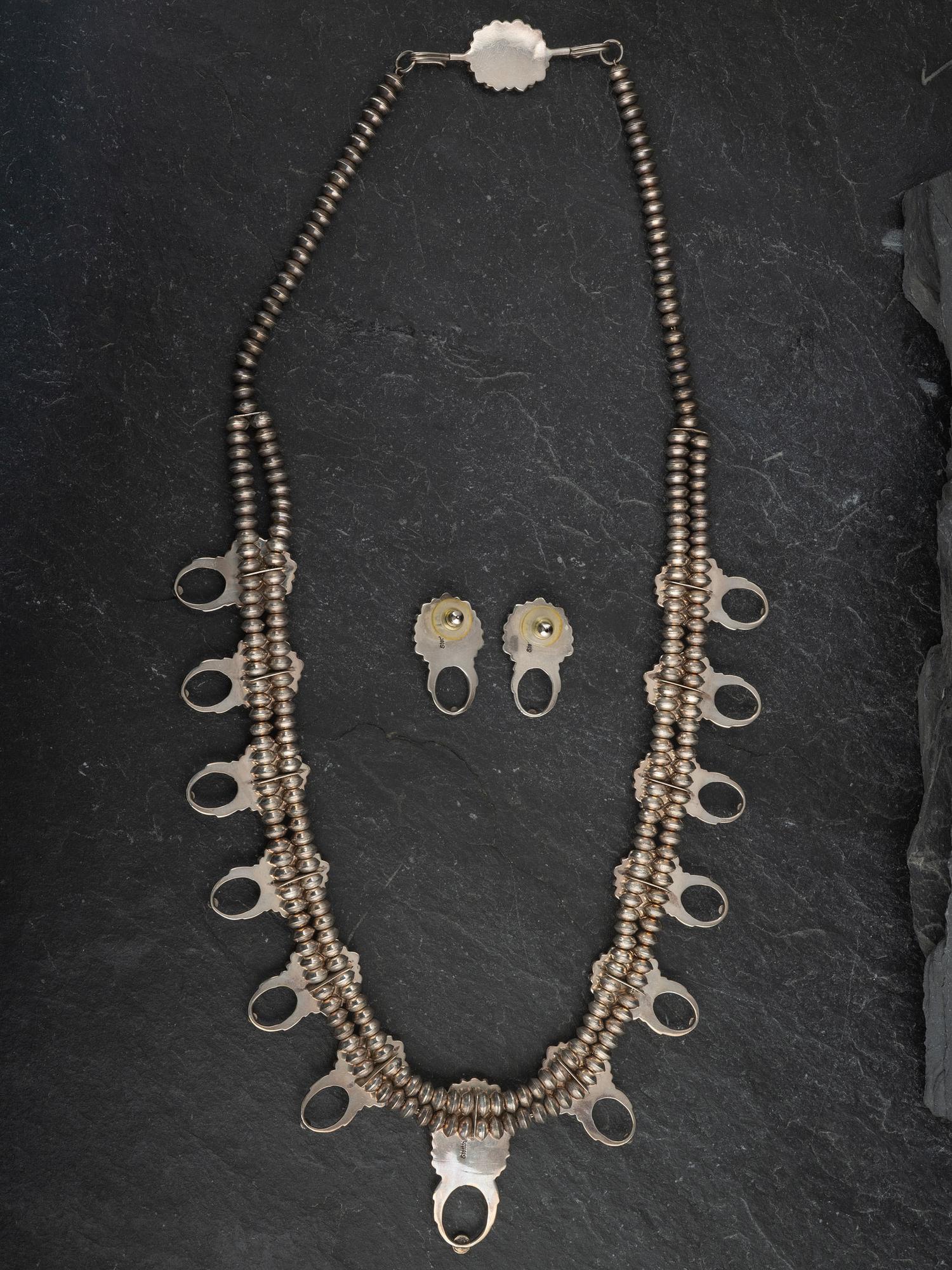 Navajo or Zuni Coral Cluster Squash Blossom Necklace and Matching Earrings
