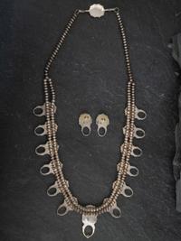 Navajo or Zuni Coral Cluster Squash Blossom Necklace and Matching Earrings