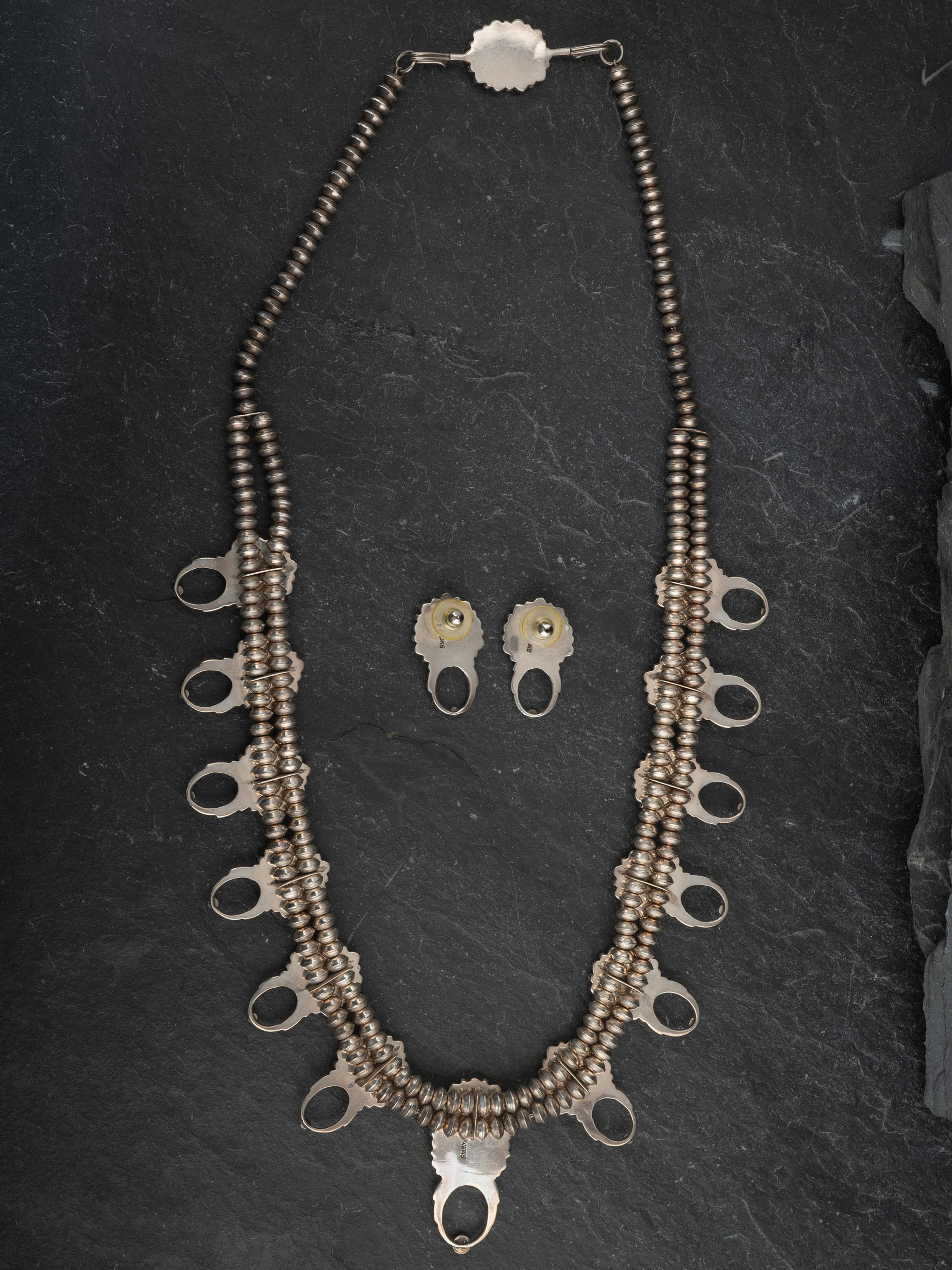 Navajo or Zuni Coral Cluster Squash Blossom Necklace and Matching Earrings