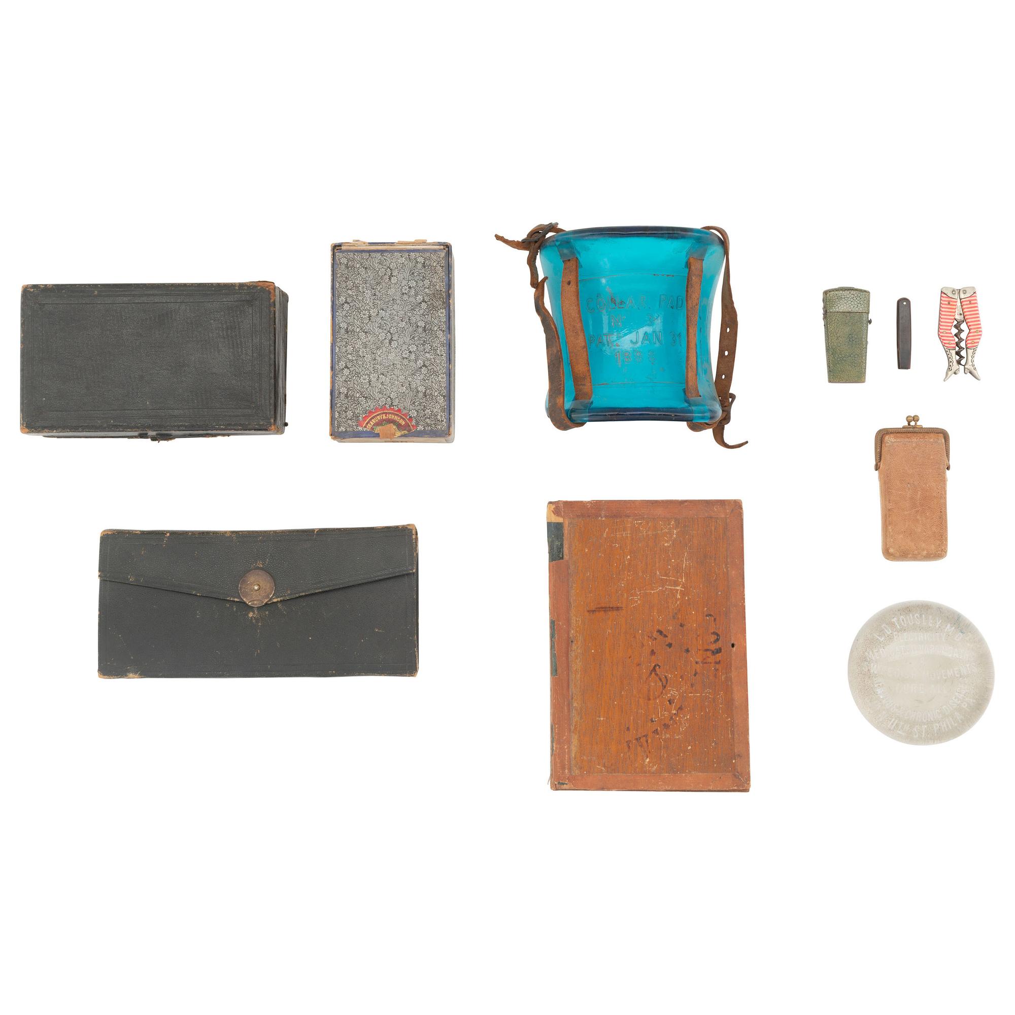 [Medicine] A collection of 9 items, incl. portable test tube kits, blood letting knives, a tourniquet, and vintage corkscrew.