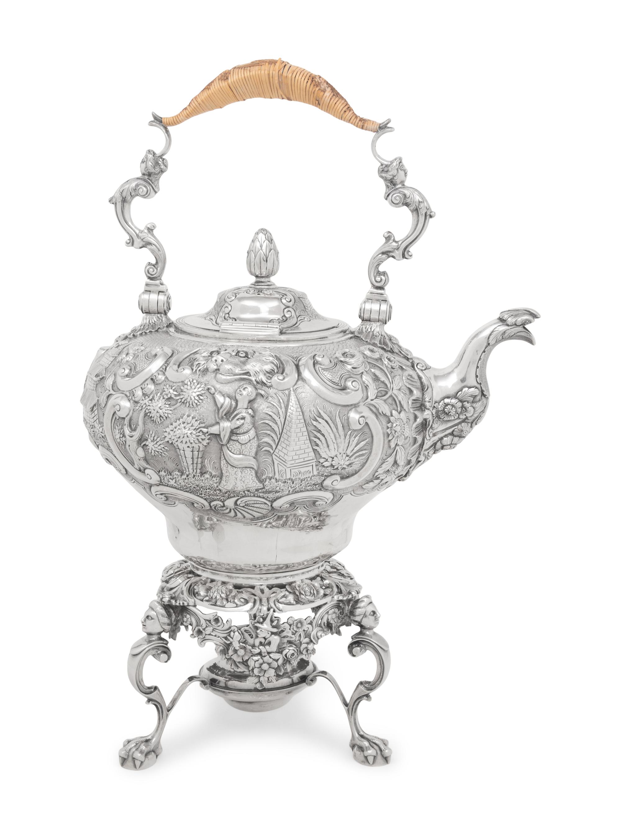 A George III Silver Chinoiserie Decorated Kettle