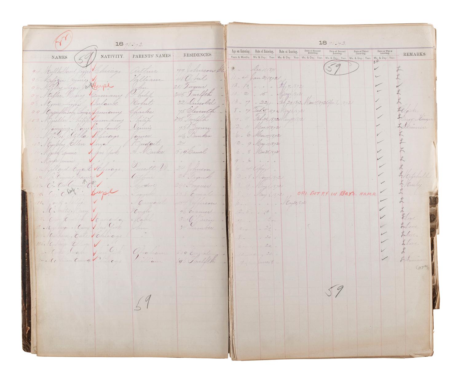 [CHICAGO FIRE]. Register of Admissions and Discharges in the Foster School, Chicago, Illinois, 1871-1872.