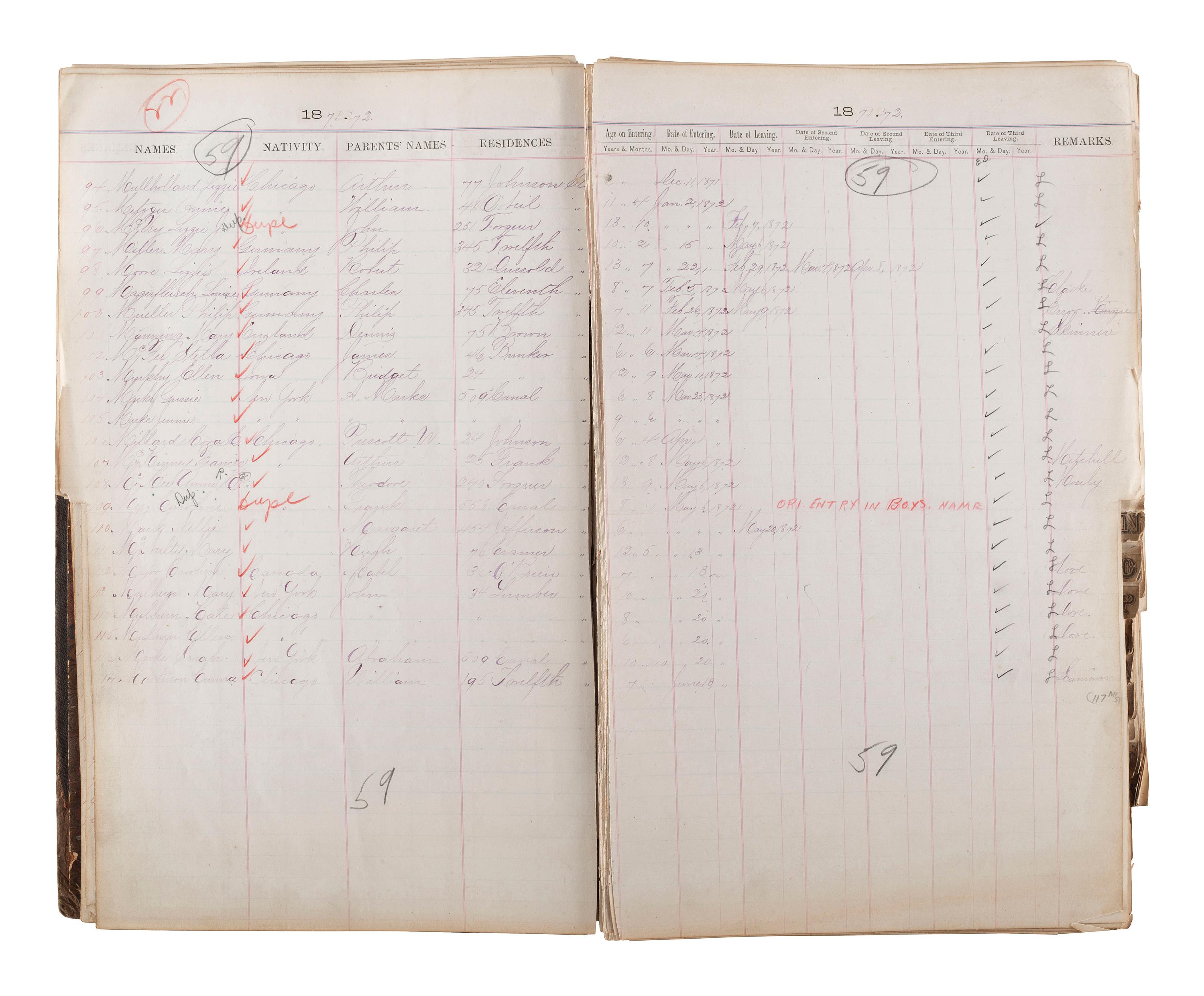 [CHICAGO FIRE]. Register of Admissions and Discharges in the Foster School, Chicago, Illinois, 1871-1872.
