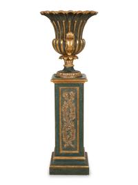 A Painted and Parcel Gilt Campagna-Form Urn on Pedestal