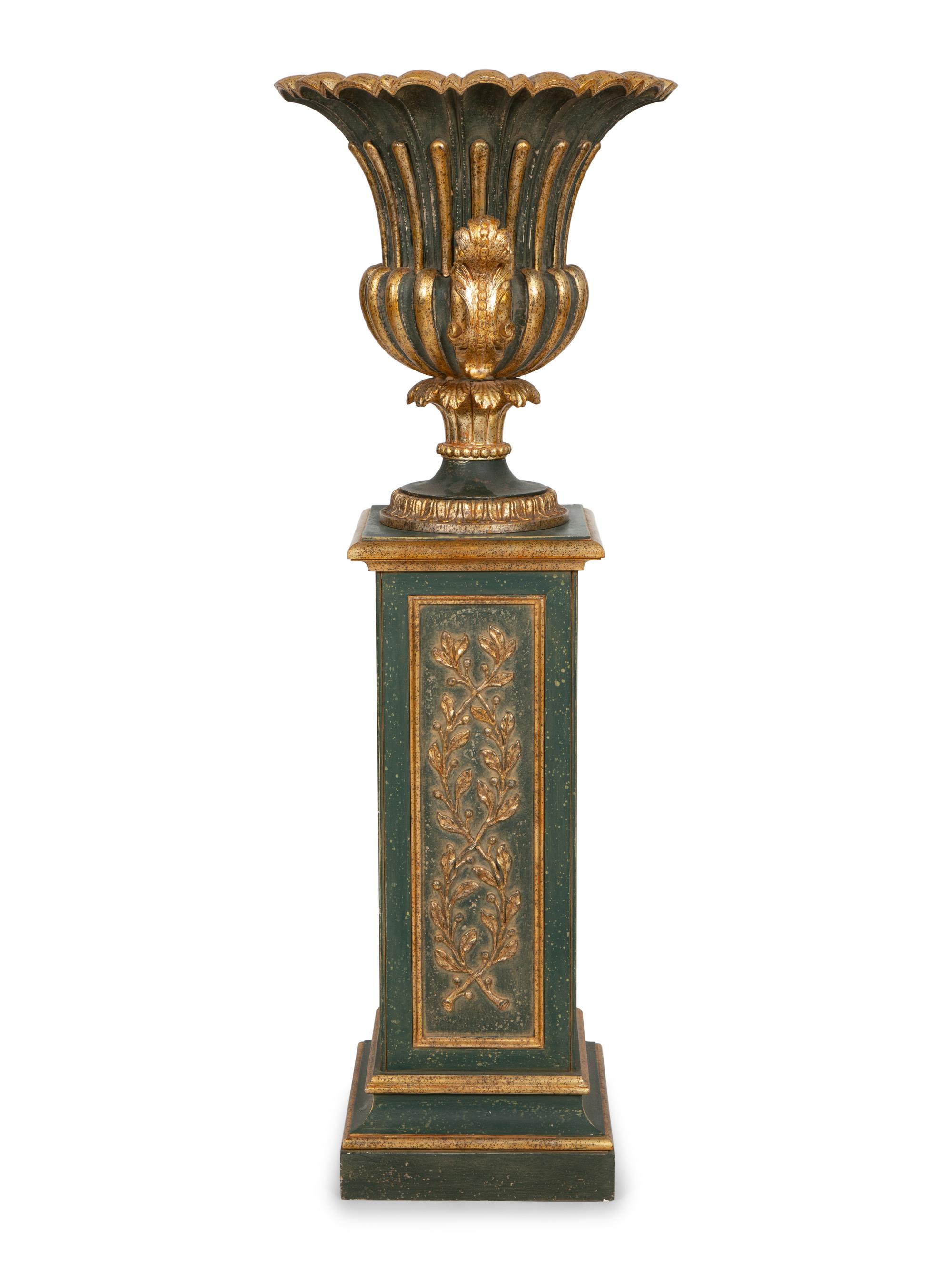A Painted and Parcel Gilt Campagna-Form Urn on Pedestal