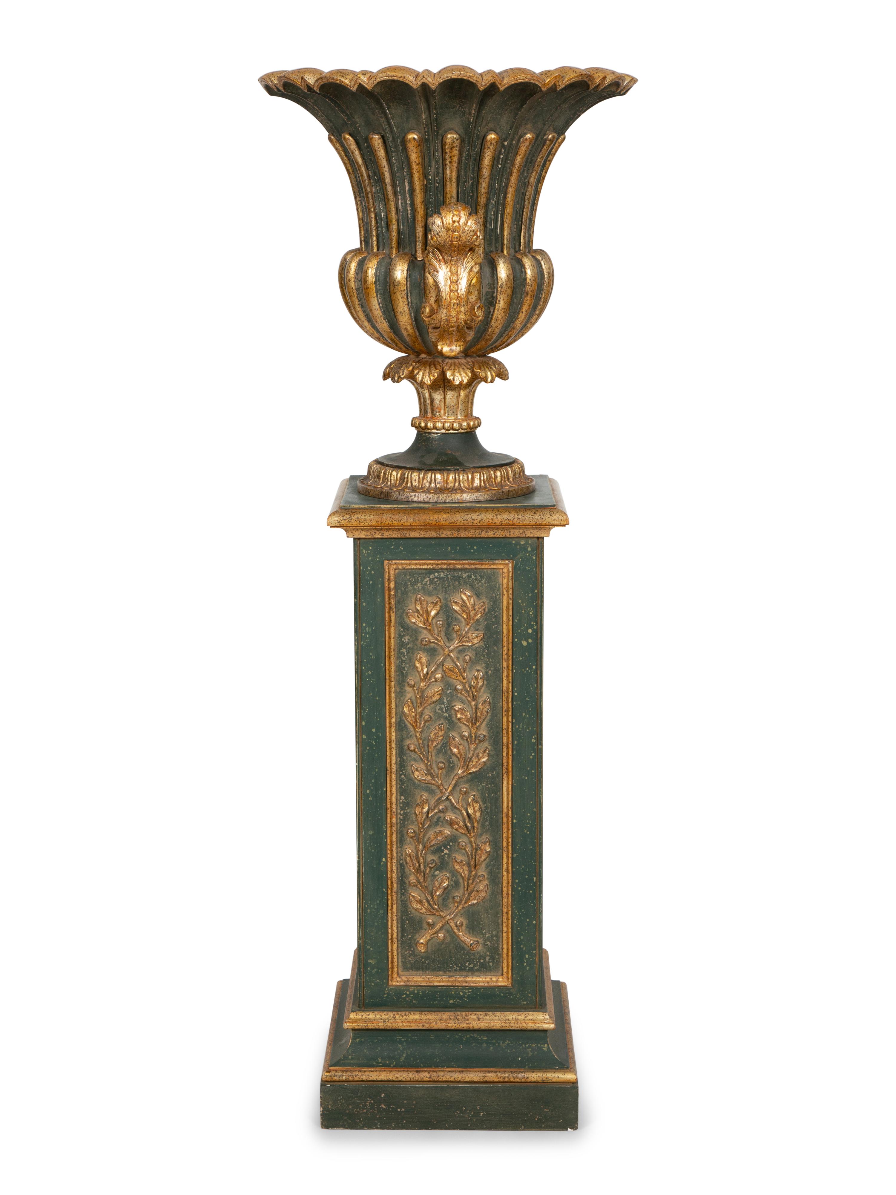 A Painted and Parcel Gilt Campagna-Form Urn on Pedestal