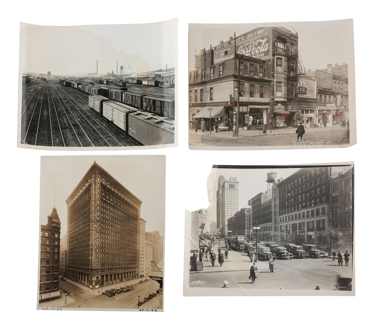 [CHICAGO]. A large group of press photographs, stereoviews, snapshots, and a bird's-eye view engraving.