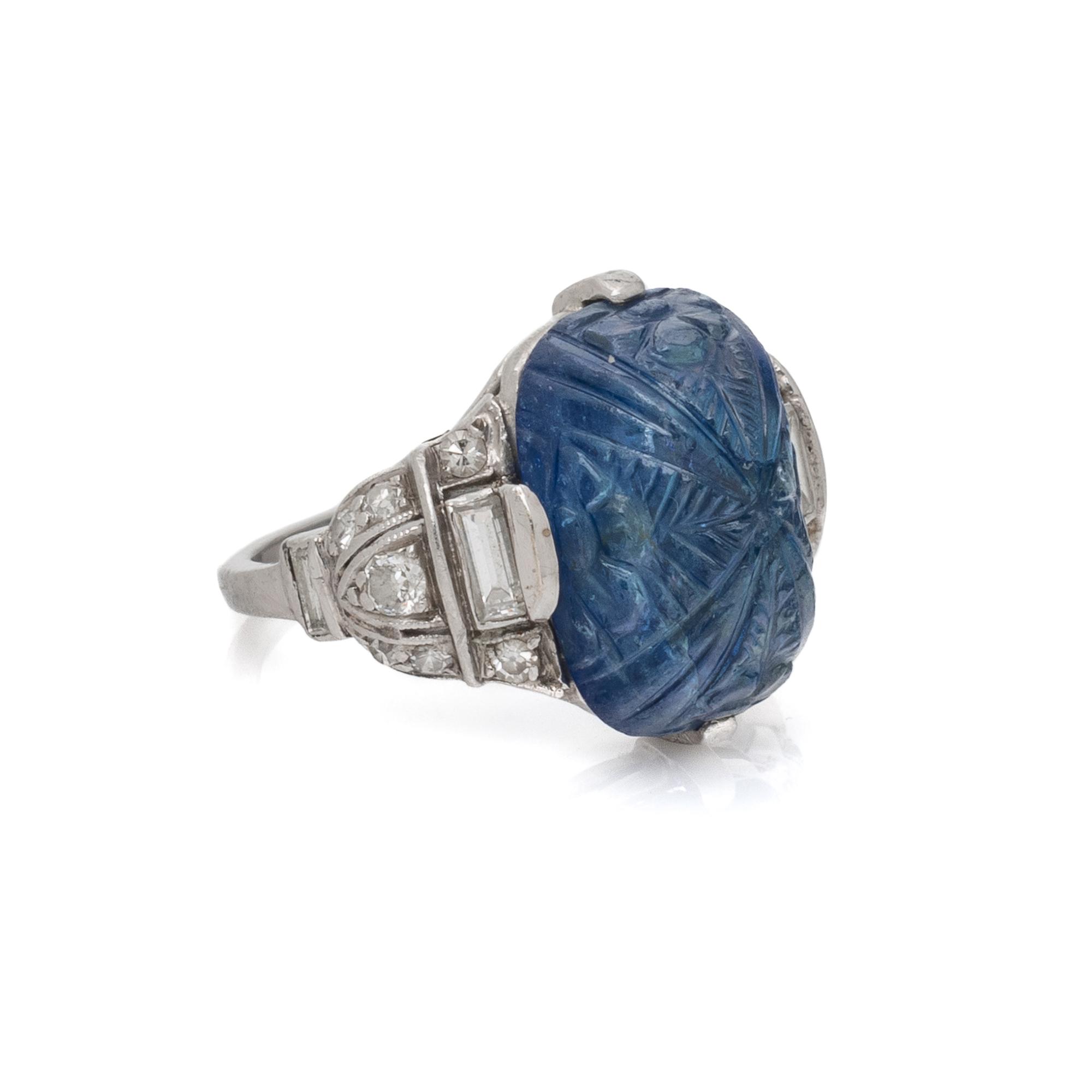 ART DECO, CARVED SAPPHIRE AND DIAMOND RING