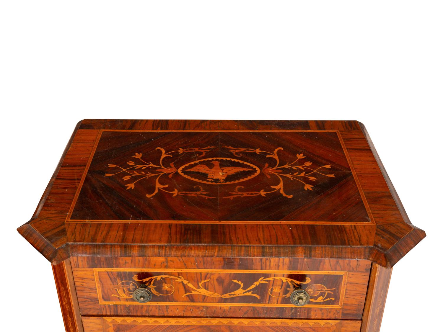 A Pair of Italian Neoclassical Walnut and Marquetry Commodini in the Manner of Maggiolini