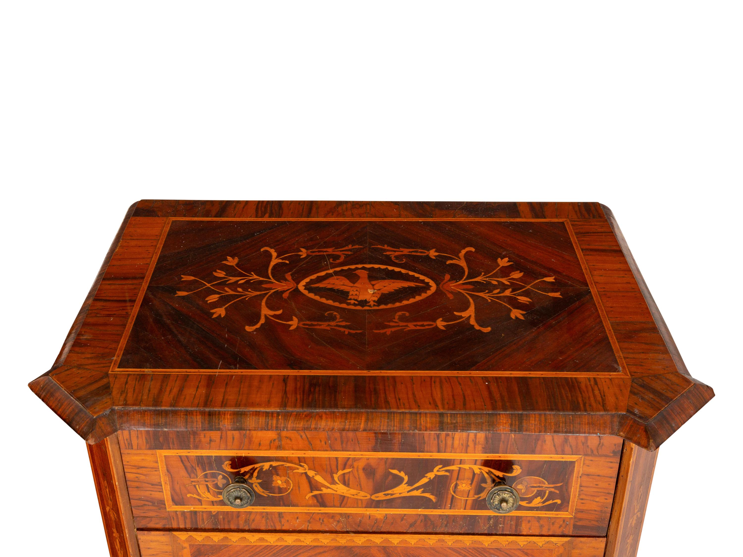 A Pair of Italian Neoclassical Walnut and Marquetry Commodini in the Manner of Maggiolini