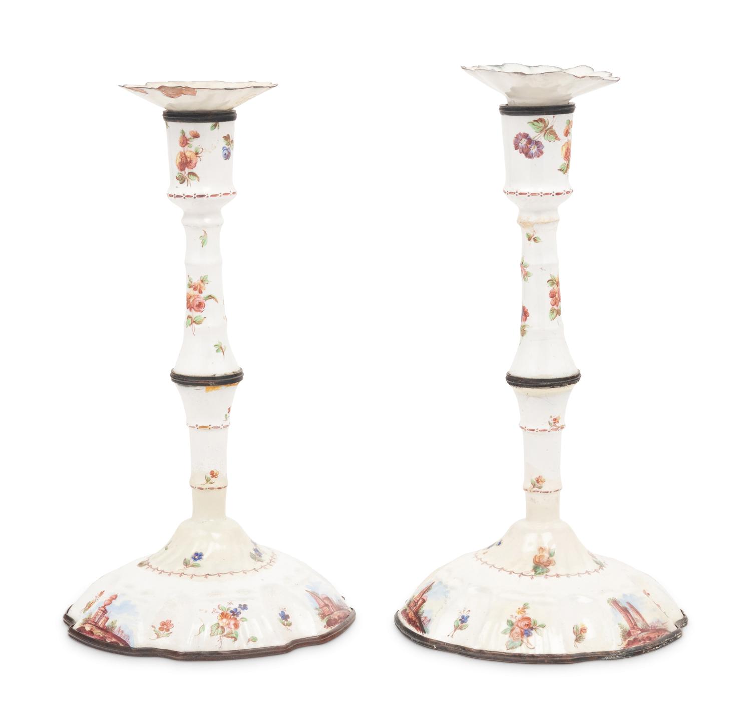 A Pair of English Enameled Candlesticks