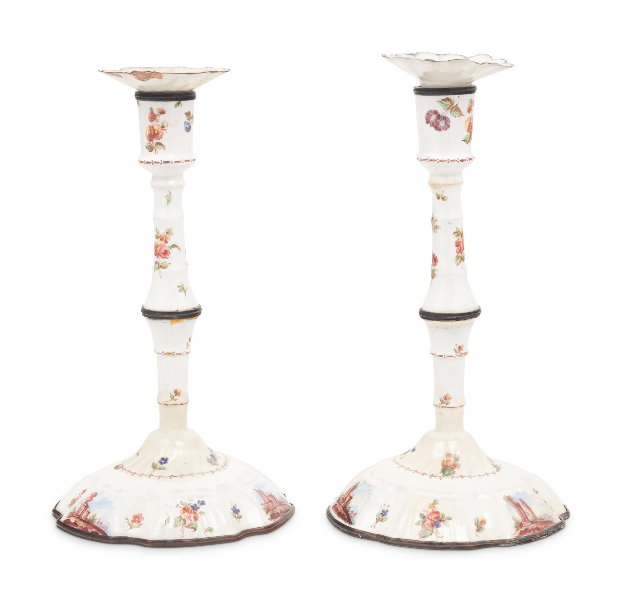 A Pair of English Enameled Candlesticks