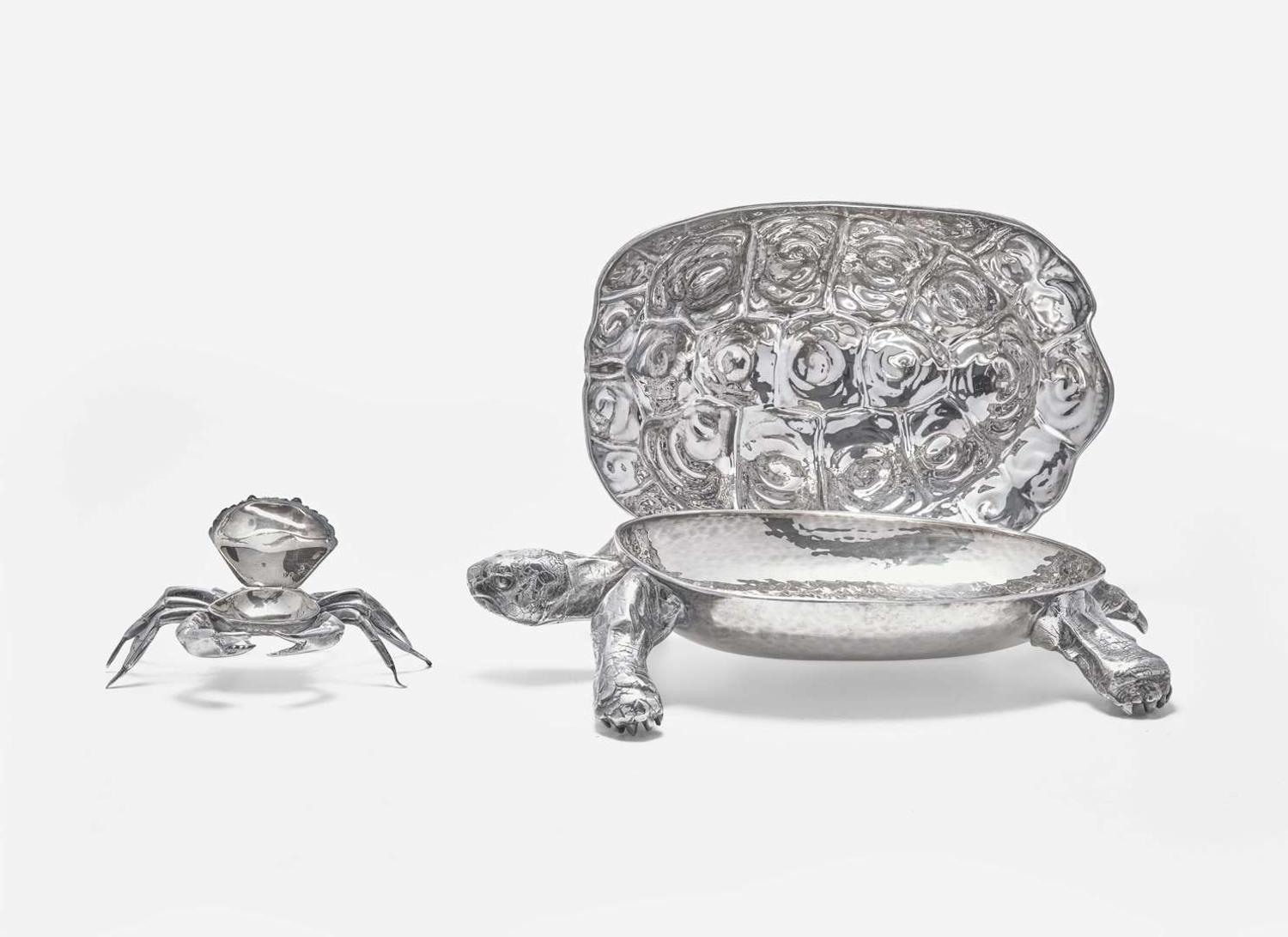 A sterling silver tortoise sculpture together with a silverplated crab, 20th century