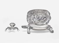 A sterling silver tortoise sculpture together with a silverplated crab, 20th century