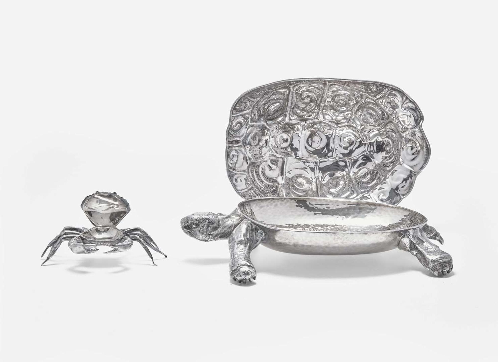 A sterling silver tortoise sculpture together with a silverplated crab, 20th century