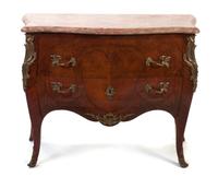 A Louis XV Style Gilt Bronze Mounted Walnut Bombe Commode, Height 36 x width 41 1/2 x depth 18 inches.