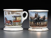 Two Porcelain Occupational Shaving Mugs with Horse-Drawn Wagons