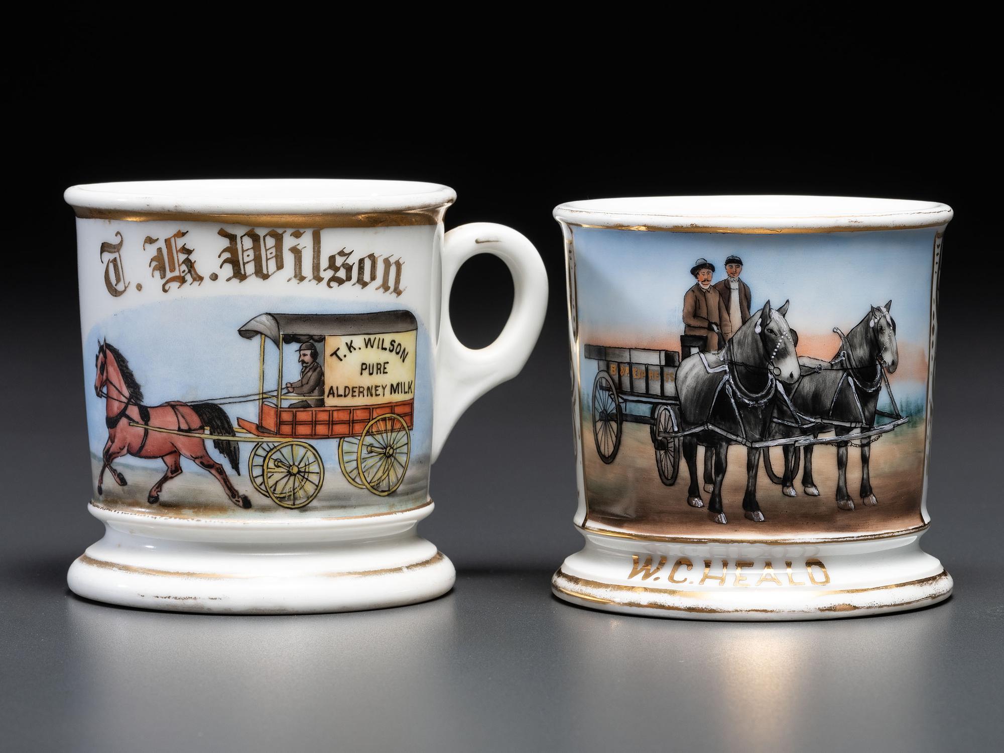Two Porcelain Occupational Shaving Mugs with Horse-Drawn Wagons