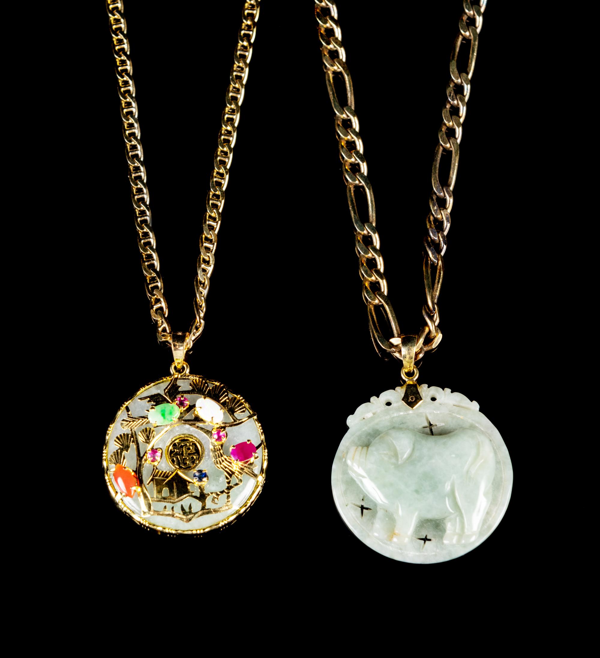 Two Chinese Jadeite and Gilt-Silver Necklaces