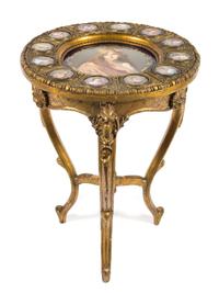 A Louis XV Style Porcelain and Gilt Bronze Mounted Giltwood Gueridon Height 29 x diameter 21 1/2 inches. — 19TH CENTURY