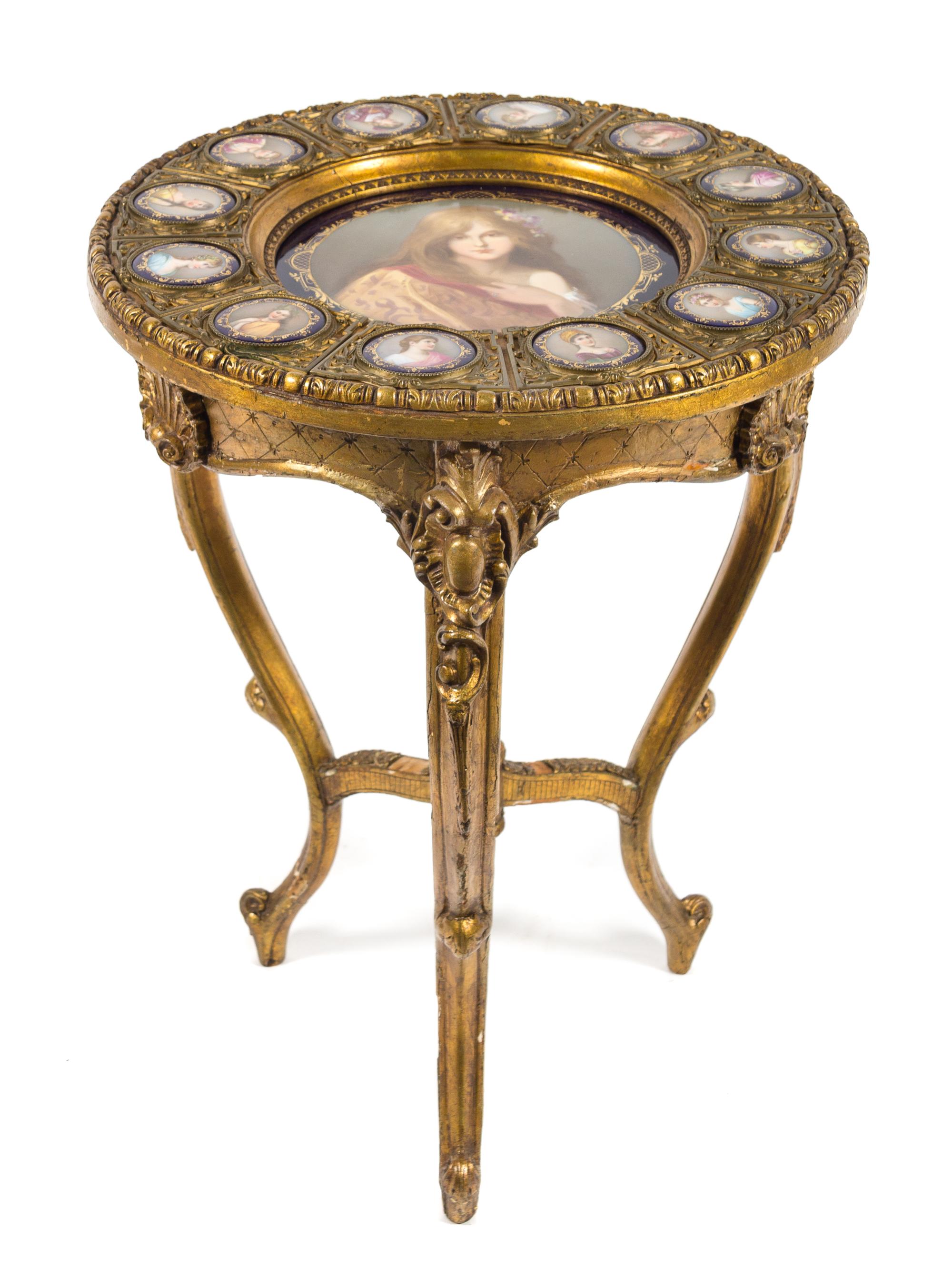 A Louis XV Style Porcelain and Gilt Bronze Mounted Giltwood Gueridon Height 29 x diameter 21 1/2 inches. — 19TH CENTURY