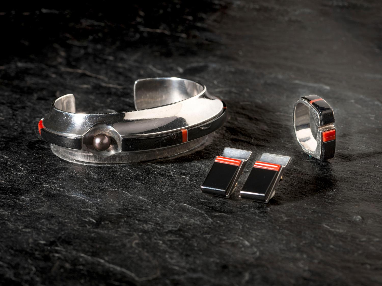 Silver and Mosaic Inlay Cuff Bracelet, Ring, and Earring Suite