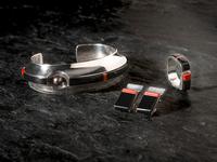 Silver and Mosaic Inlay Cuff Bracelet, Ring, and Earring Suite