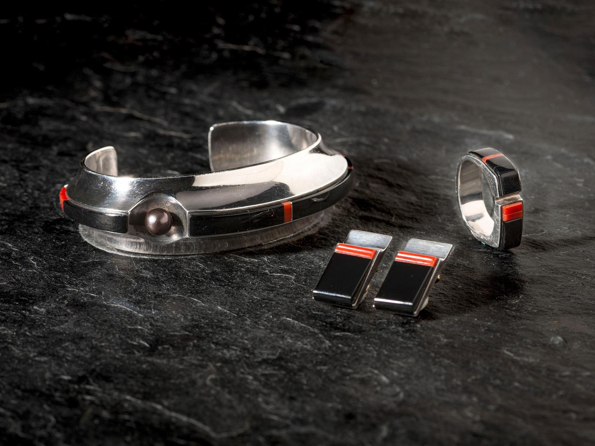 Silver and Mosaic Inlay Cuff Bracelet, Ring, and Earring Suite