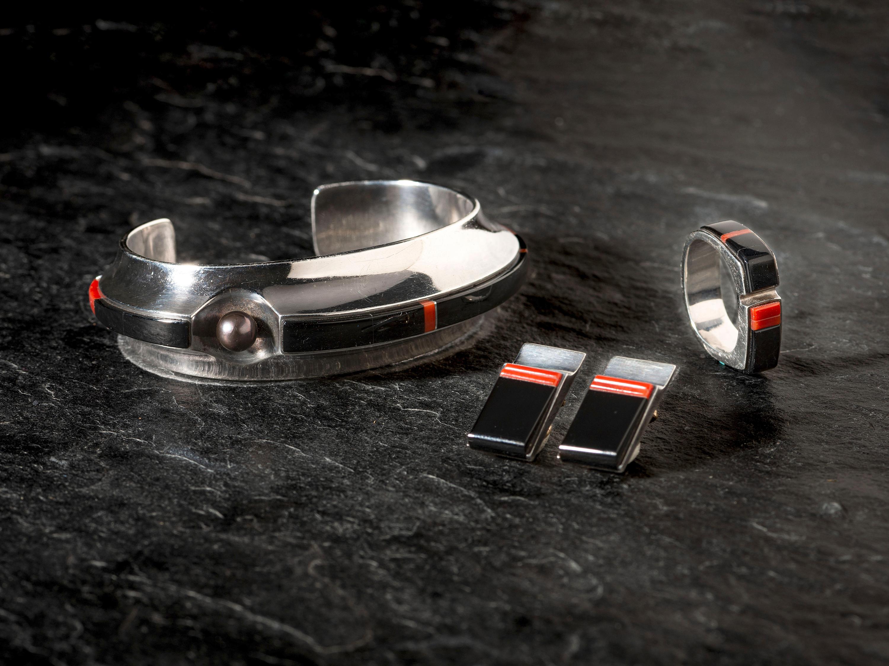 Silver and Mosaic Inlay Cuff Bracelet, Ring, and Earring Suite