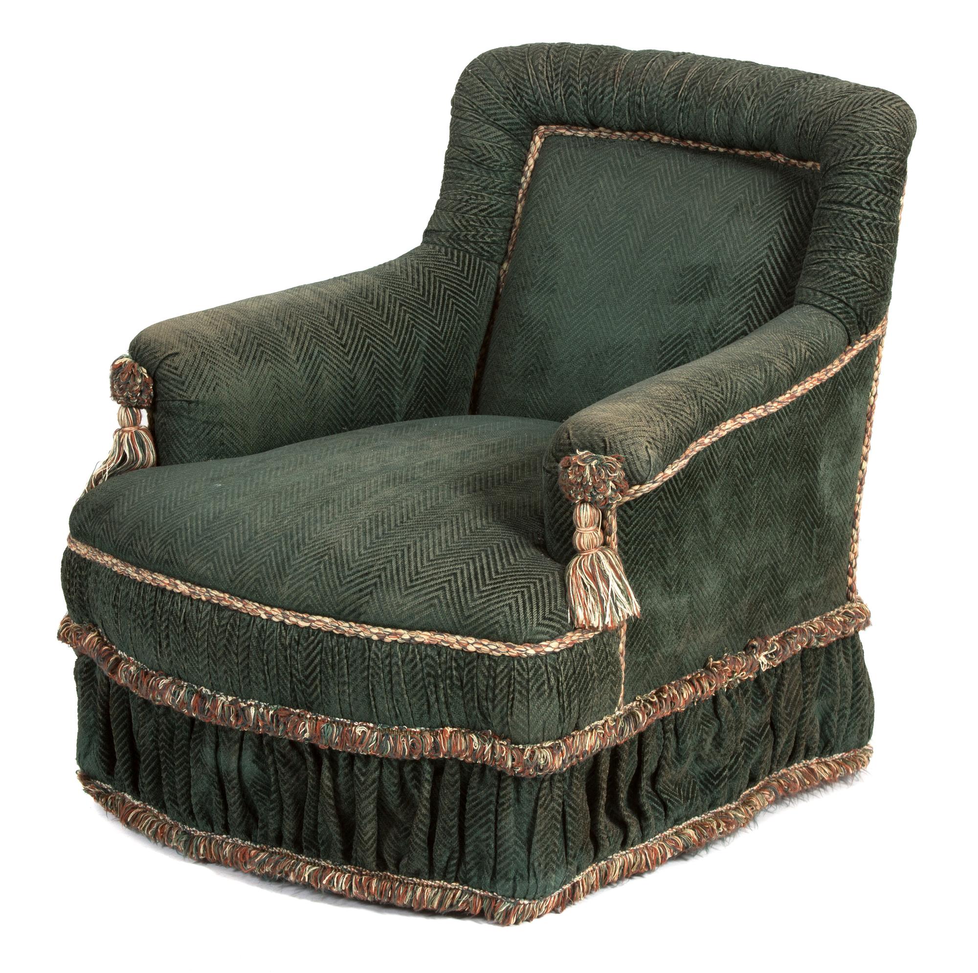 A Dark Green Upholstered Swivel Armchair Height 30 inches. — 20TH CENTURY