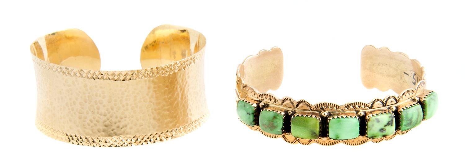 A 14 Karat Yellow Gold and Turquoise Cuff Bracelet, Will Denetdale, 15.40 dwts.