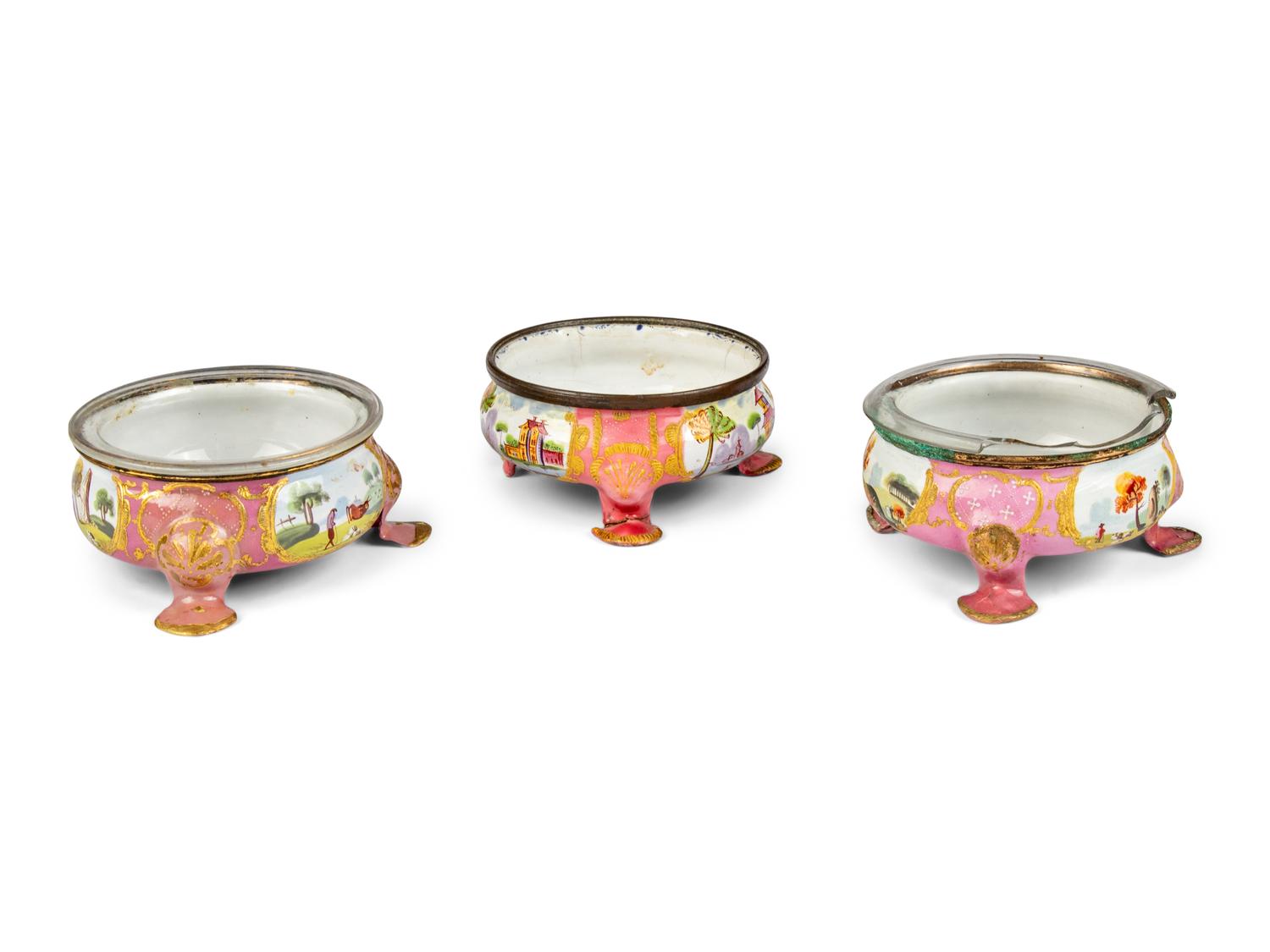 Three Staffordshire Enamel Salt Cellars