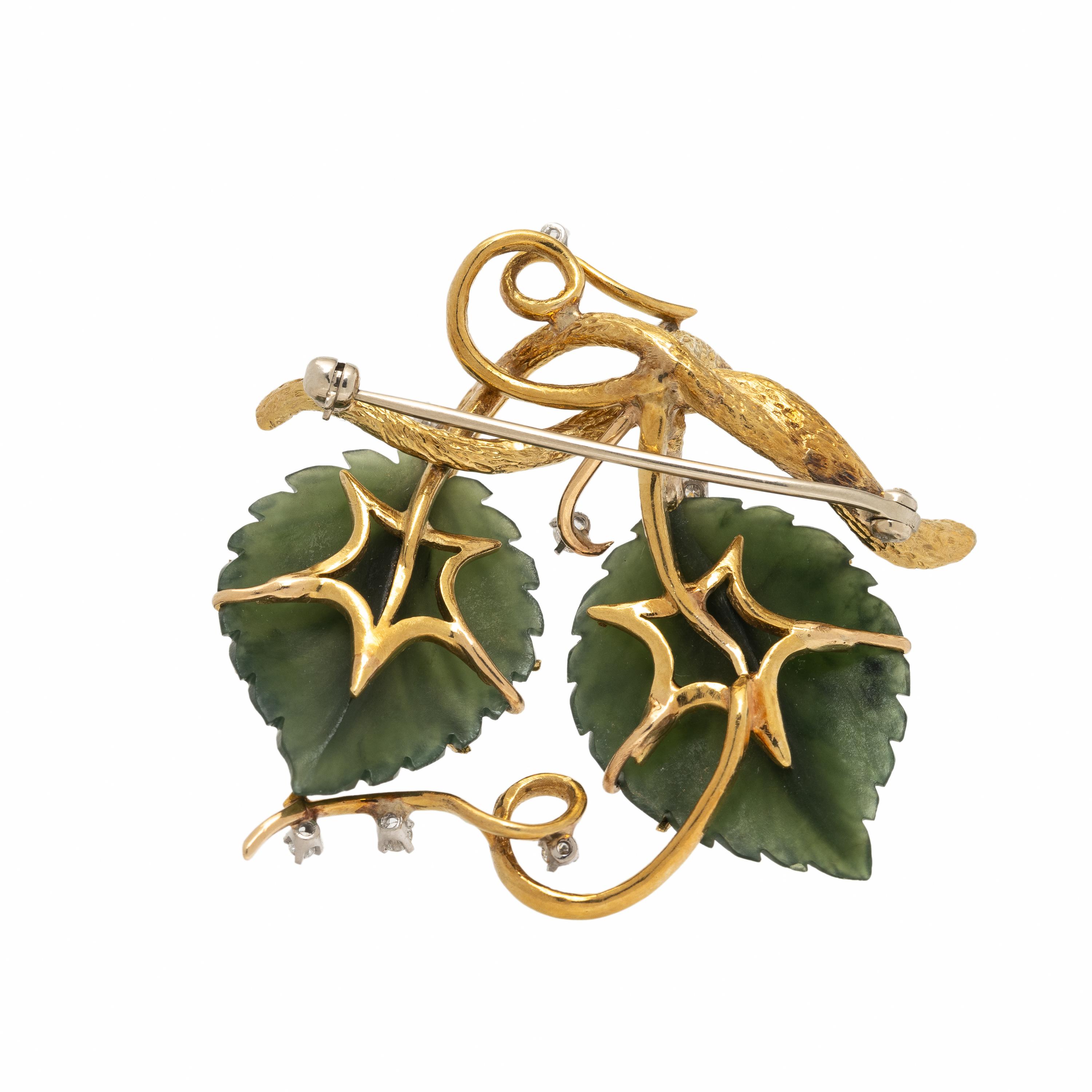 Jade, Diamond, and Yellow Gold Foliate Brooch