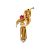FRENCH, SYNTHETIC RUBY AND DIAMOND BROOCH