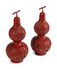 A Pair of Chinese Red Lacquer Double Gourd-Form Vases and Covers